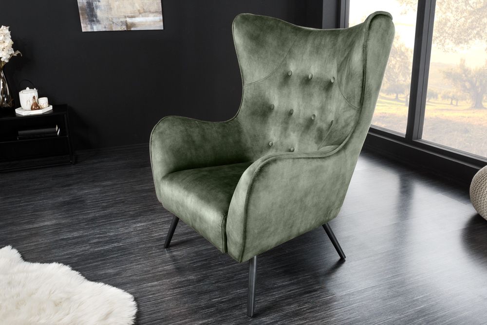Design XL Sessel AMSTERDAM grün Samt schwarze Metallbeine Retro Stil