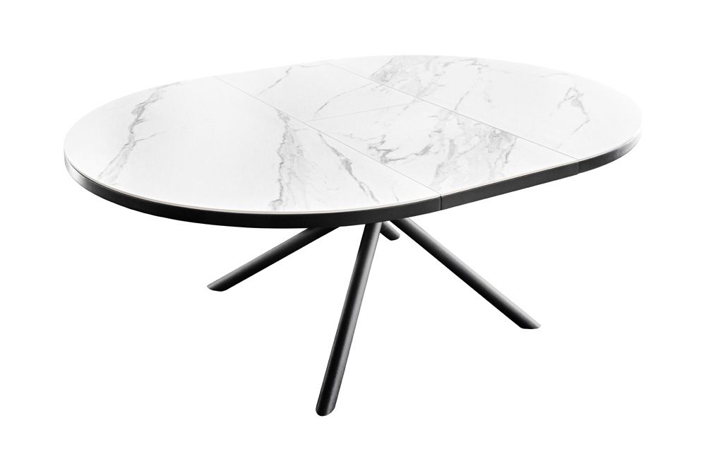 Ausziehbarer Esstisch MIKADO 120-160cm weiß Keramik oval schwarz Sterngestell
