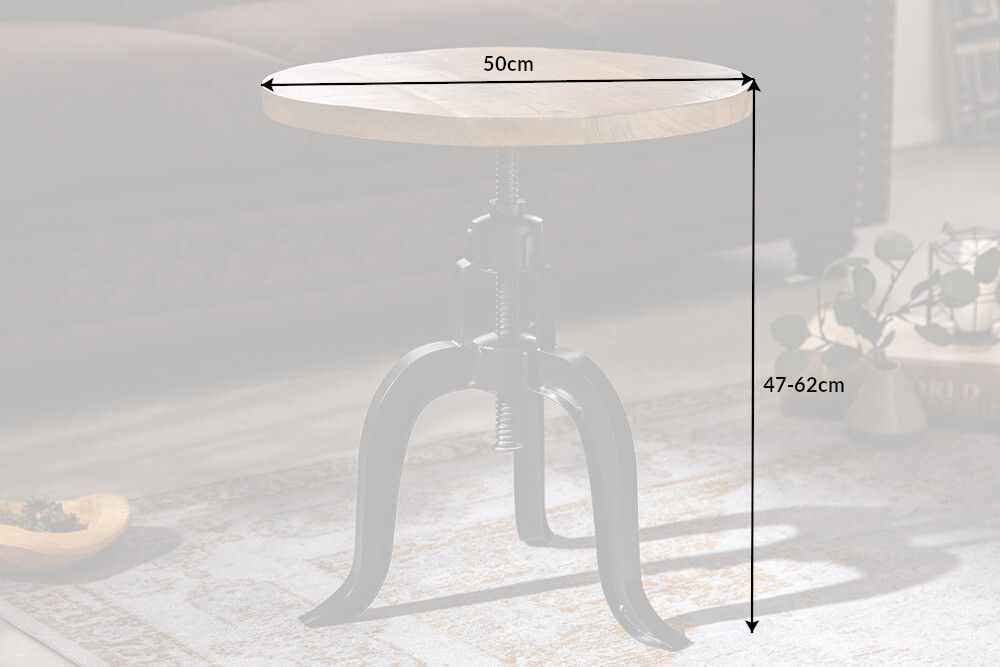 Höhenverstellbarer Beistelltisch ENGINEER 50cm Mangoholz Industrial Design massiv rund Eisen