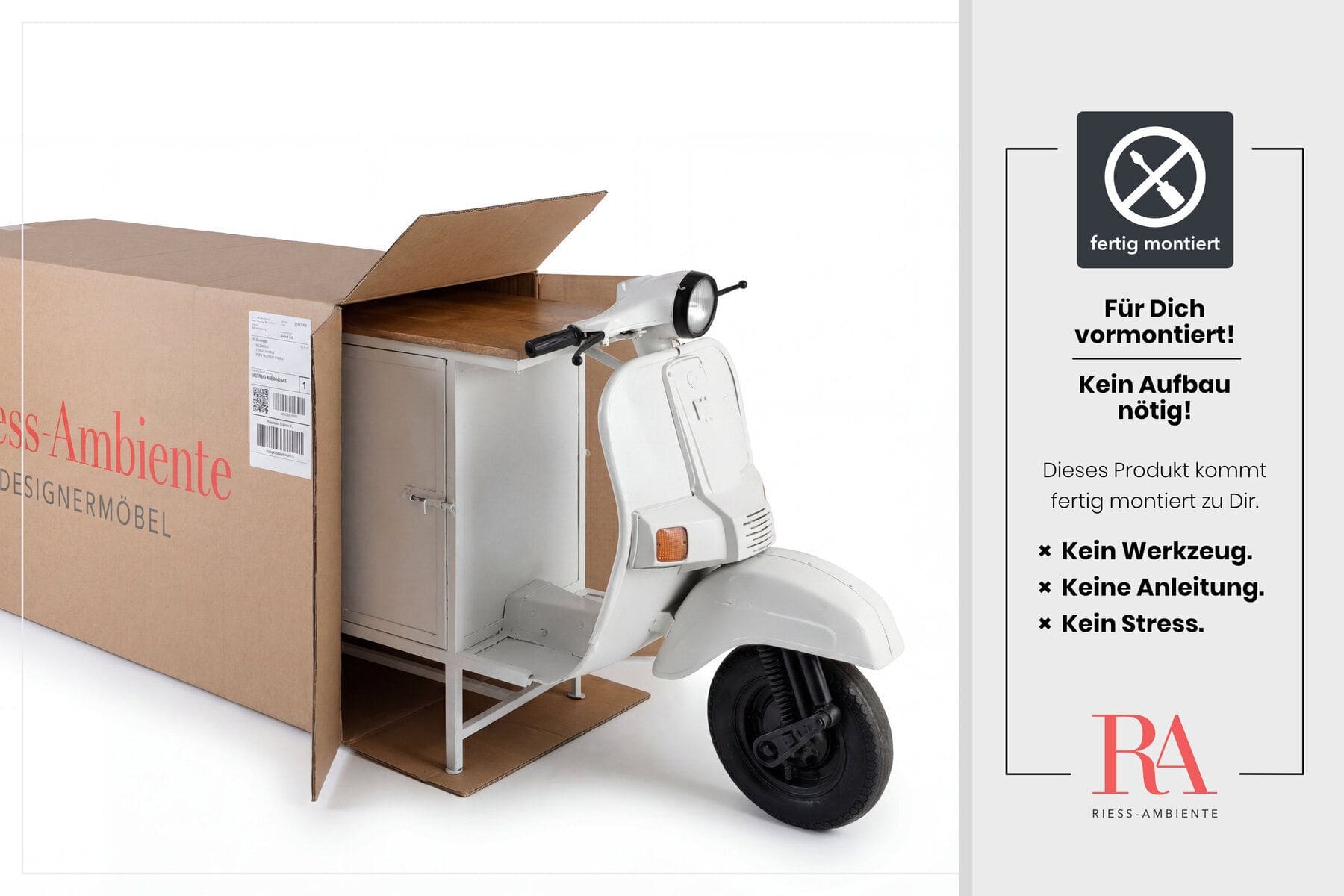 Extravaganter Barschrank SCOOTER 250cm weiß Retro-Konsole Motorroller mit Mangoholz Upcycling