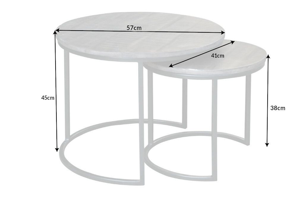 Industrial 2er Set Beistelltische ELEMENTS 60cm grau Mangoholz massiv rund schwarz Metall