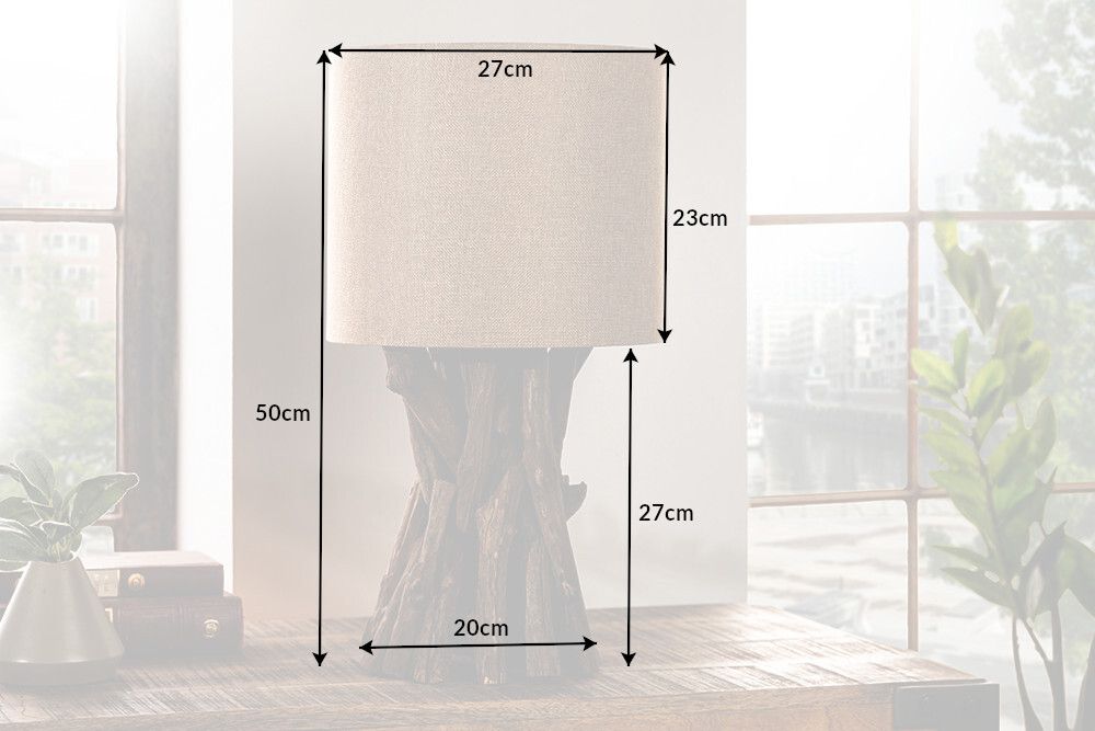 Massivholz Tischlampe HARMONY NATURE 50cm beige Teak mit Leinenschirm