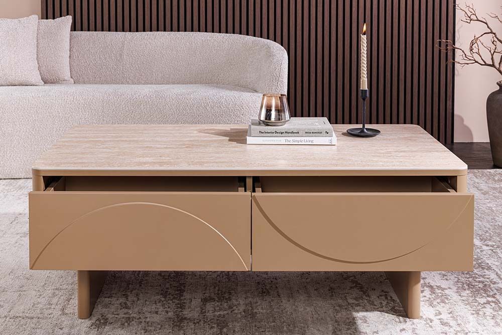 Design Couchtisch SAVOY 120cm grau beige greige Keramik Travertin mit Schublade