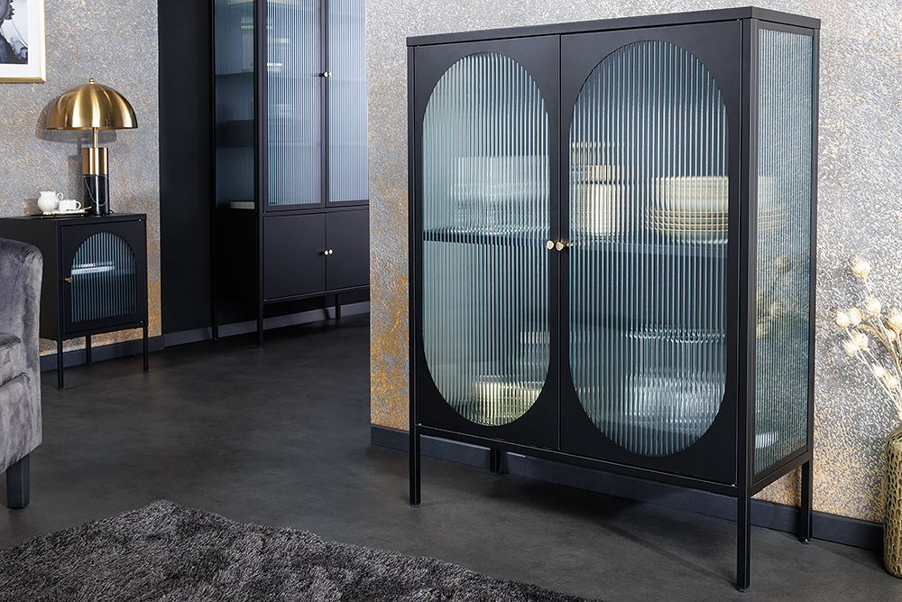Moderne Vitrine PARIS 110cm schwarz gold Riffelglas Metall Sideboard Schrank