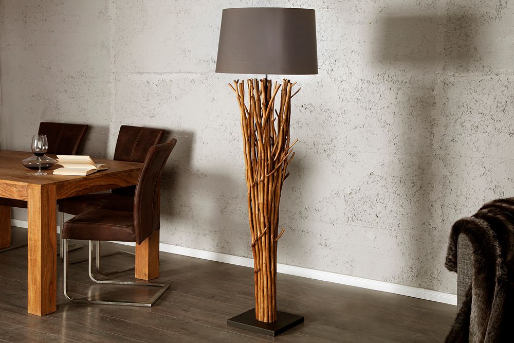 Design Treibholz Stehlampe EUPHORIA 180cm grau mit Leinenschirm