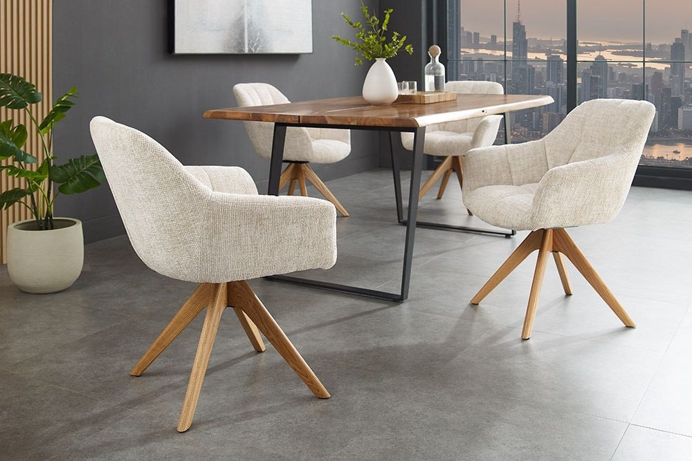 Drehbarer Stuhl PAPILLON champagner beige Chenille Cremona Eiche Massivholz