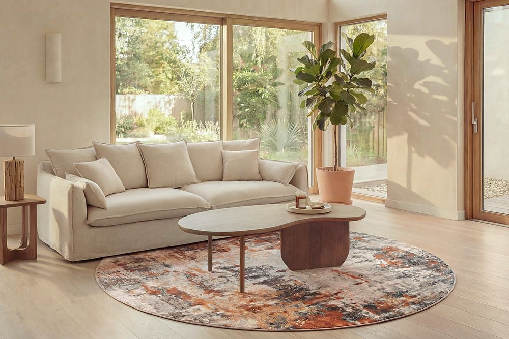 Runder Design Teppich MODERN ART 230cm beige grau kupfer Kurzflor Indoor