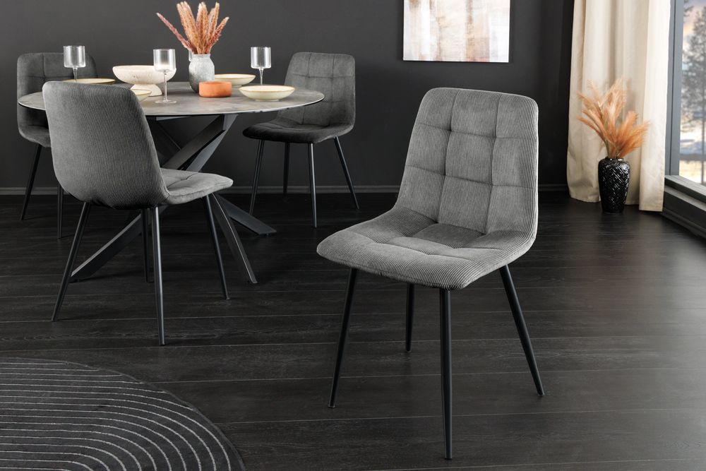 Moderner Design Stuhl TRES CHIC grau Cord schwarze Metallbeine Esszimmer
