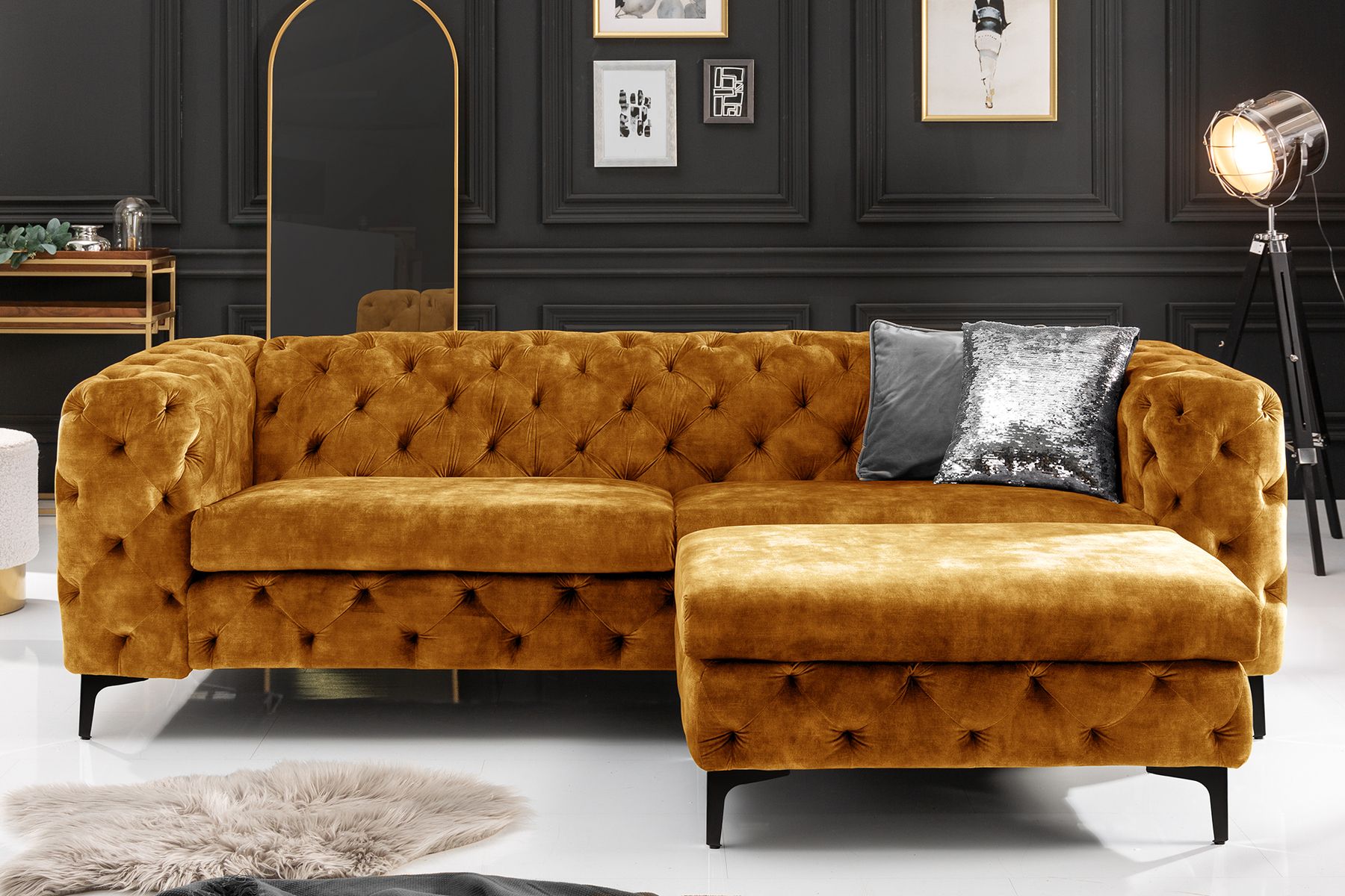 Chesterfield Sofa MODERN BAROCK 235cm senfgelb Samt 3-Sitzer Couch Federkern