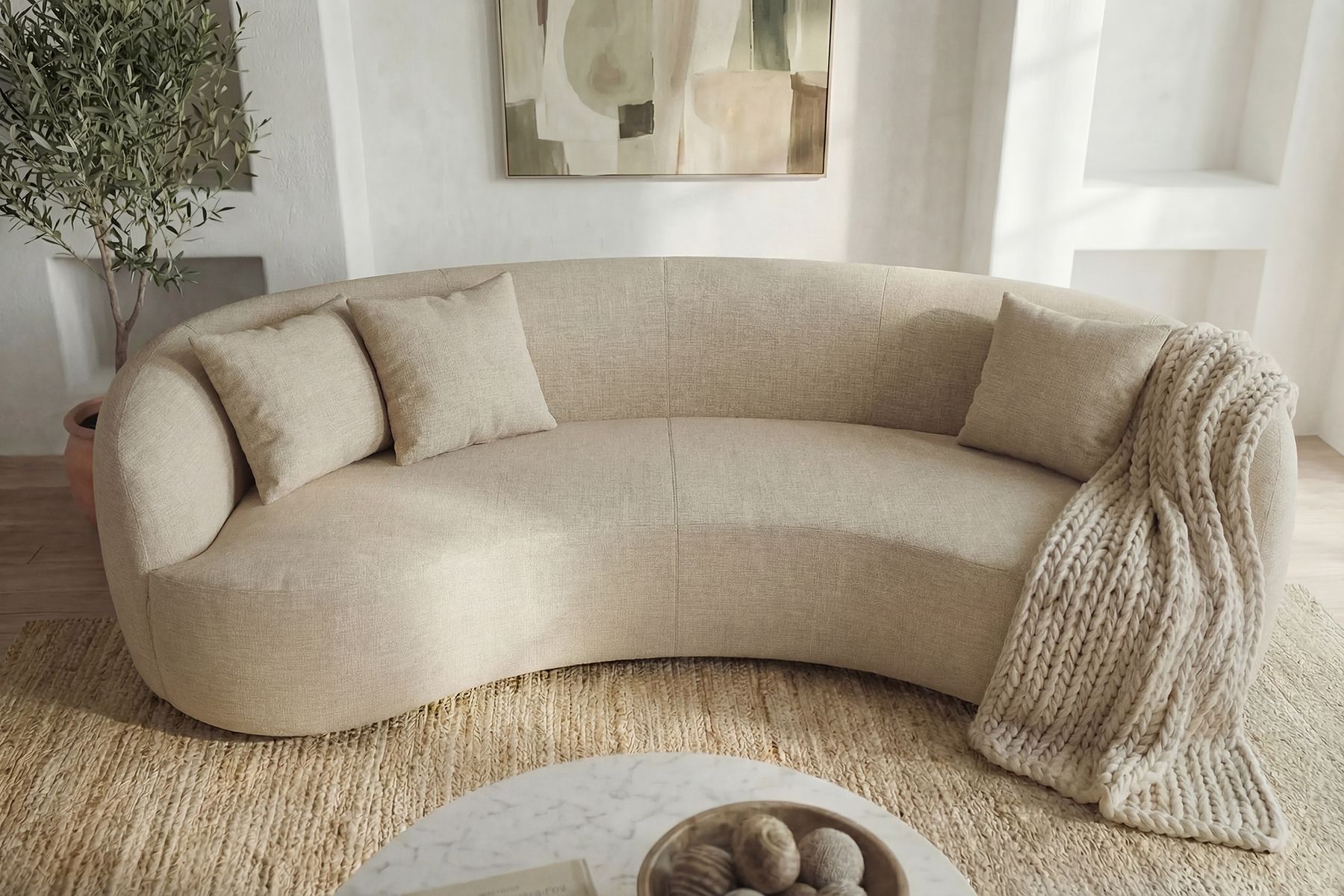 Modernes Sofa ATELIER 230cm beige Samt 3-Sitzer Couch inkl. Kissen