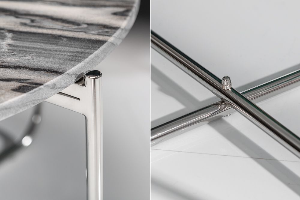Runder Couchtisch NOBLE 65cm grau Marmor abnehmbare Tischplatte klappbar silber Metall