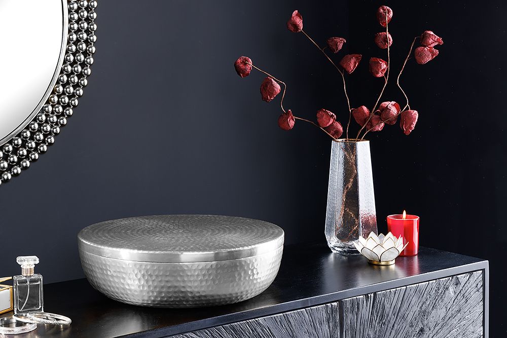 Handgefertigte Schale ORIENT 40cm silber Metall rund mit Deckel Schmuck-Dose