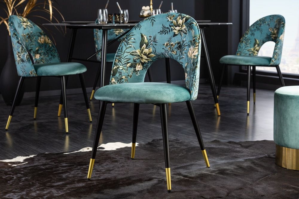 Design Stuhl PRÊT-À-PORTER türkis Samt florales Muster und goldene Fußkappen