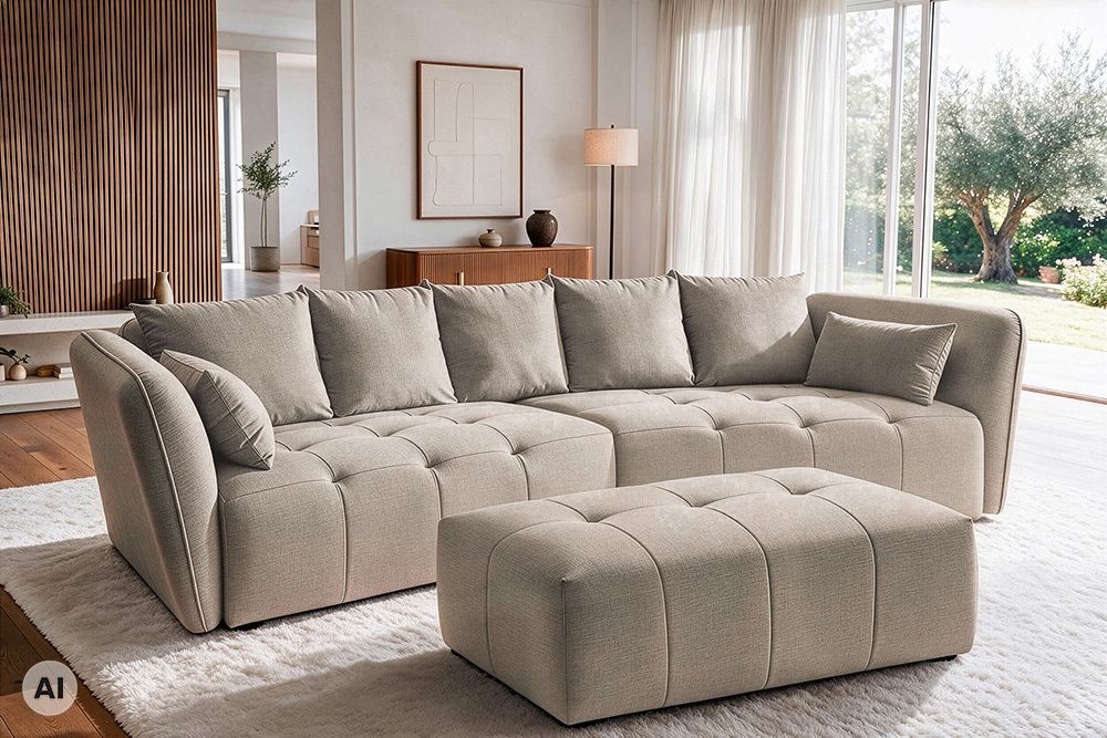 Moderner Hocker ROYAL 120cm greige Veloursstoff Federkern Sitzhocker