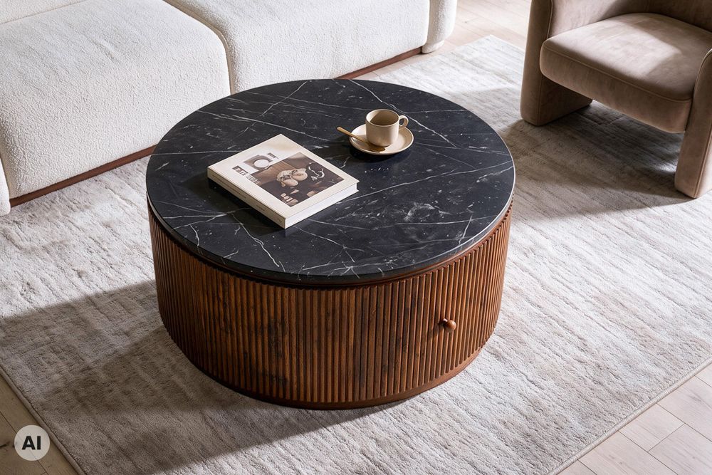Runder Couchtisch COFFEE TABLE GATSBY 70cm braun schwarz Mangoholz Marmor Schublade