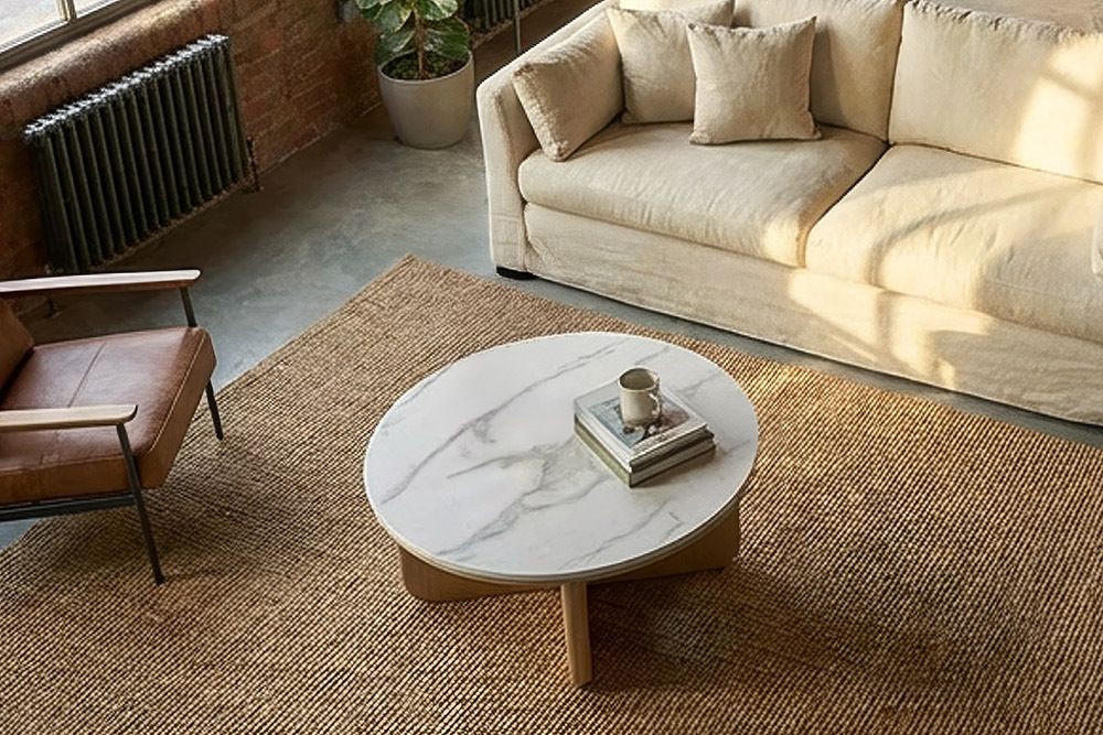 Runder Couchtisch ENSO 80cm weiß Marmor Keramik Eichenholz