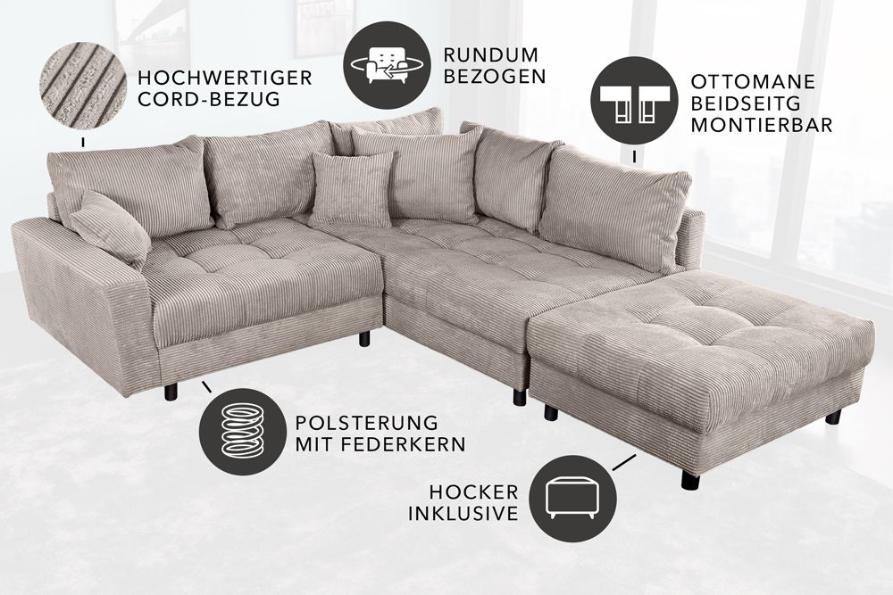 Modernes Ecksofa KENT 220cm greige Cord inkl. Hocker Federkern L-Form Wohnlandschaft