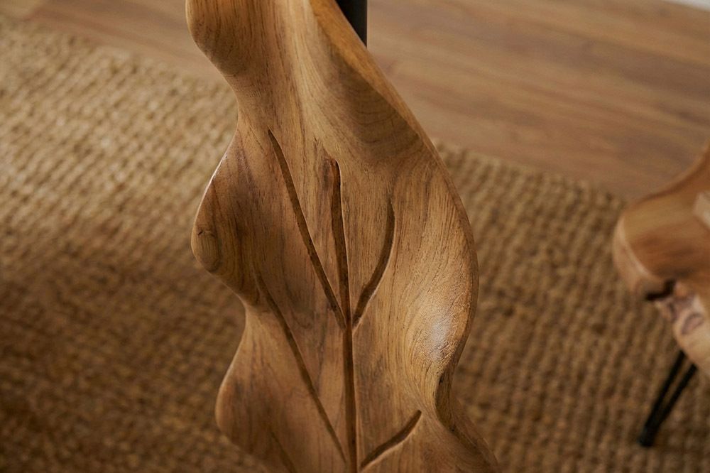 Massive Stehlampe LEAF 130cm weiß natur Teakholz Blatt-Design mit Stoffschirm