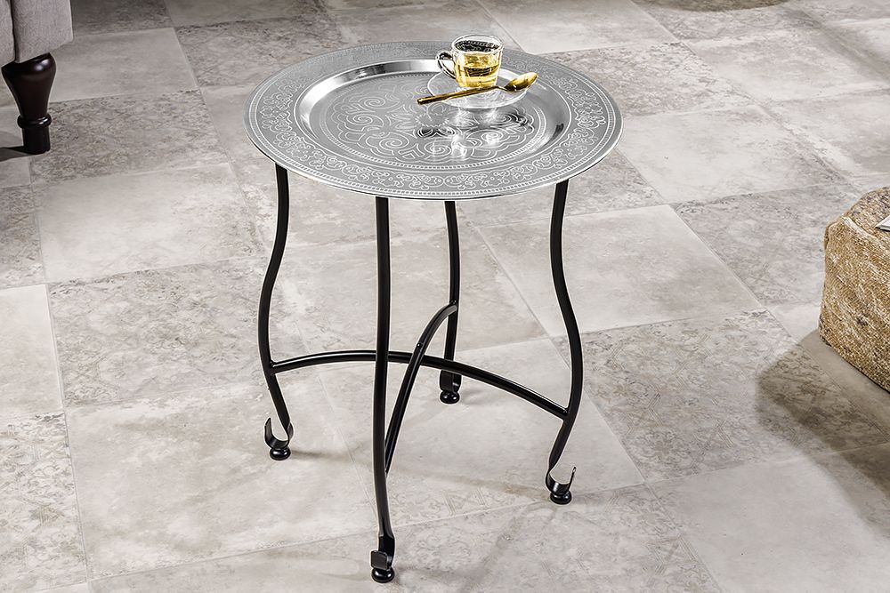 Runder Beistelltisch MARRAKESCH 50cm silber Teetisch abnehmbares Tablett klappbar