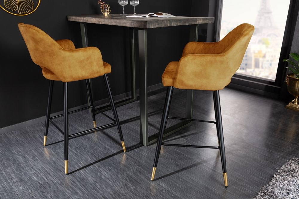 Design Barhocker PARIS senfgelb Samt mit Lehne Metall schwarz gold Ziersteppung