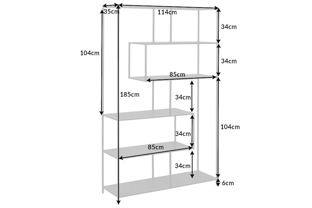 Industrial Bücherregal SLIM LINE 185x114cm Esche schwarz sechs Regalböden
