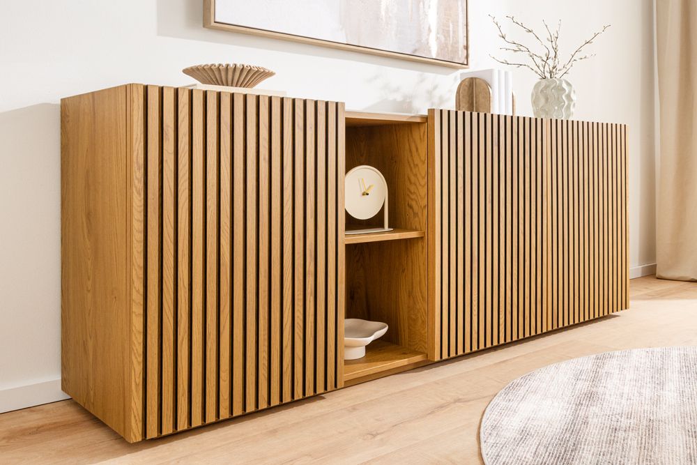 Design Sideboard VICENZA 180cm weiß Keramik natur Eiche Lamellenfront