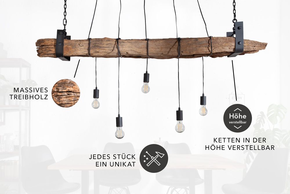Industrial Hängelampe BARRACUDA 152cm recyceltes Massivholz mit 5 Leuchten