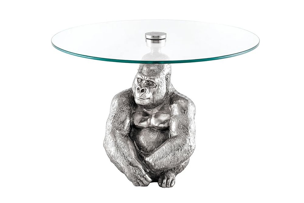 Runder Couchtisch WILDLIFE KONG 60cm silber Metall Glas Affenfigur Gorilla Skulptur handmade