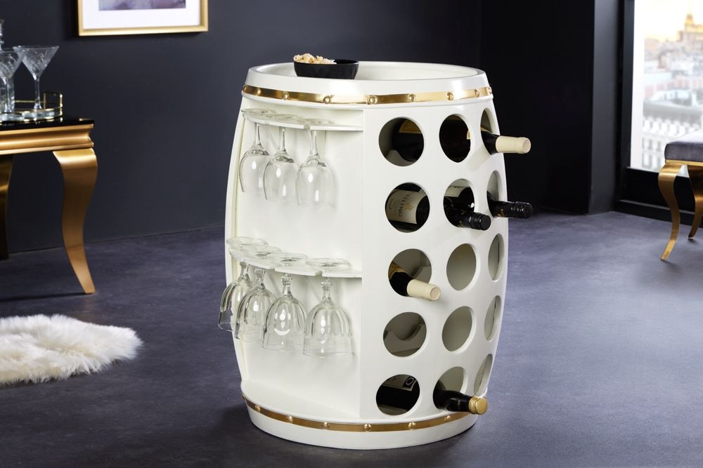 Design Weinfass BODEGA WHITE 70cm weiß gold Pinie Flaschen Gläseraufhängung