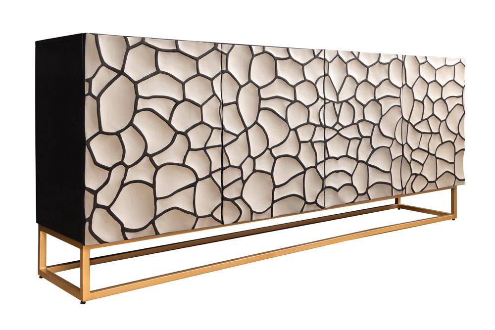 Massivholz Sideboard VULCANO 180cm weiß schwarz Mangoholz mit 3D Schnitzereien handmade Metallgestell gold