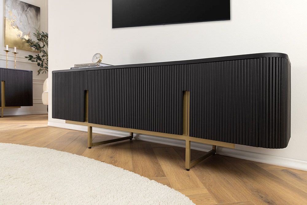 Massives TV-Board GATSBY 160cm schwarz gold Mangoholz Retro Lowboard