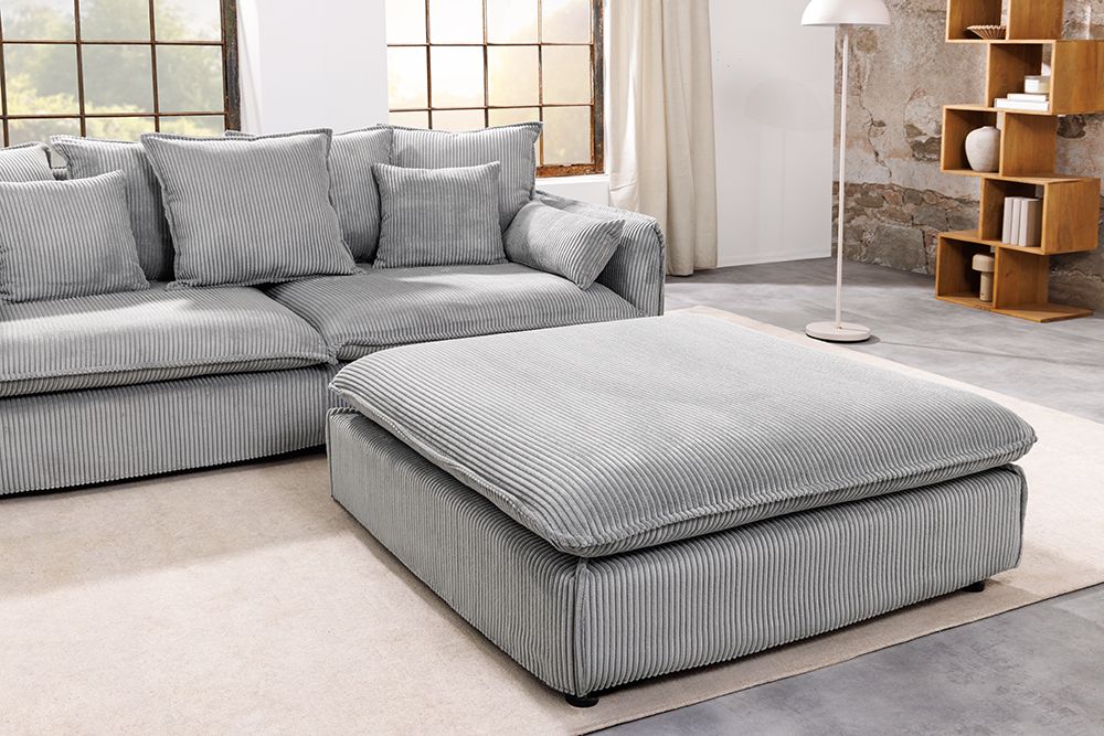 Großer Sitzhocker HEAVEN 100cm hellgrau Cord Federkern Sofahocker abnehmbarer Bezug