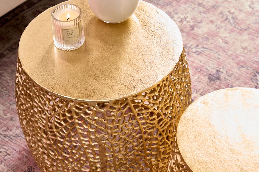 2er Set Filigraner Design Couchtisch ABSTRACT LEAF gold Handarbeit Metall rund