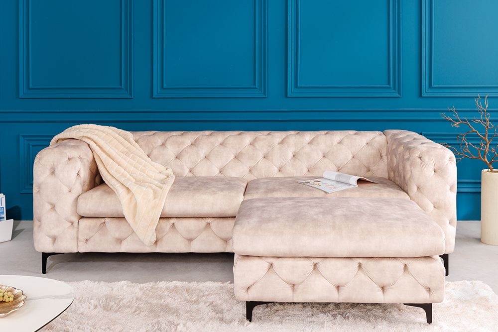 Chesterfield Sitzhocker MODERN BAROCK 90cm champagner Samt Fußhocker