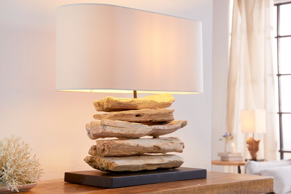 Handgearbeitete Treibholz Lampe RIVERINE 55cm creme Leinenschirm Tischleuchte