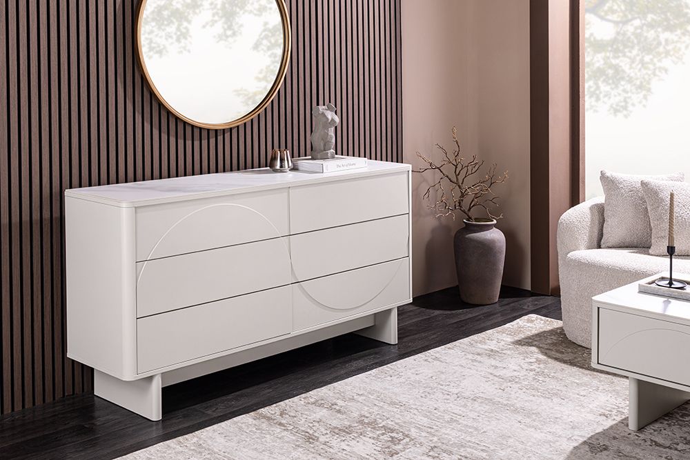 Design Sideboard SAVOY 150cm kaschmir weiß Marmor Keramik mit sechs Schubladen