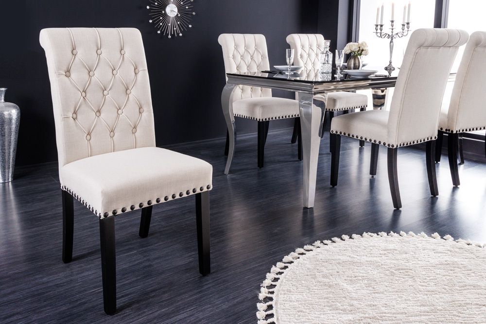 Design Stuhl CASTLE beige schwarz Strukturstoff Holzfüße Chesterfield