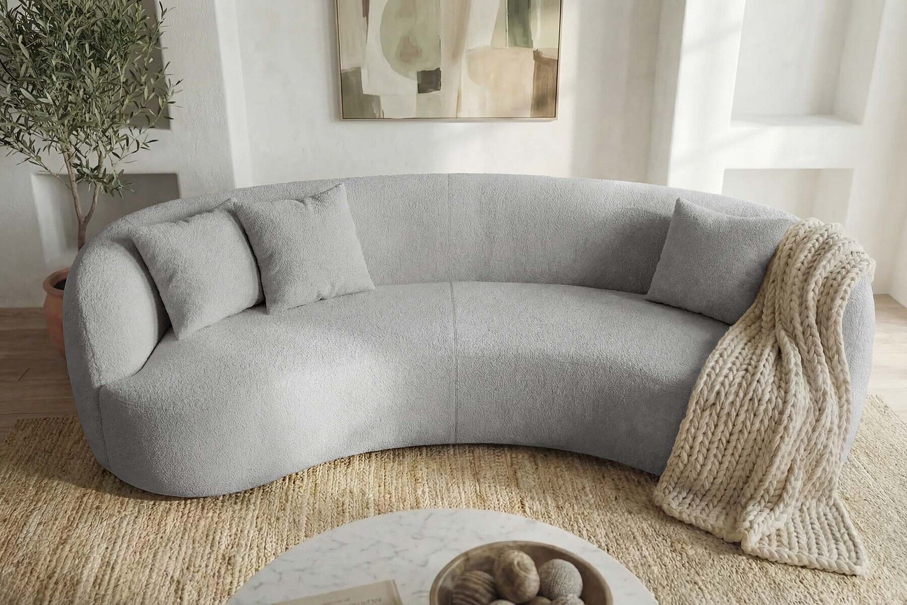 Modernes Sofa ATELIER 230cm grau Bouclé  3-Sitzer Couch inkl. Kissen