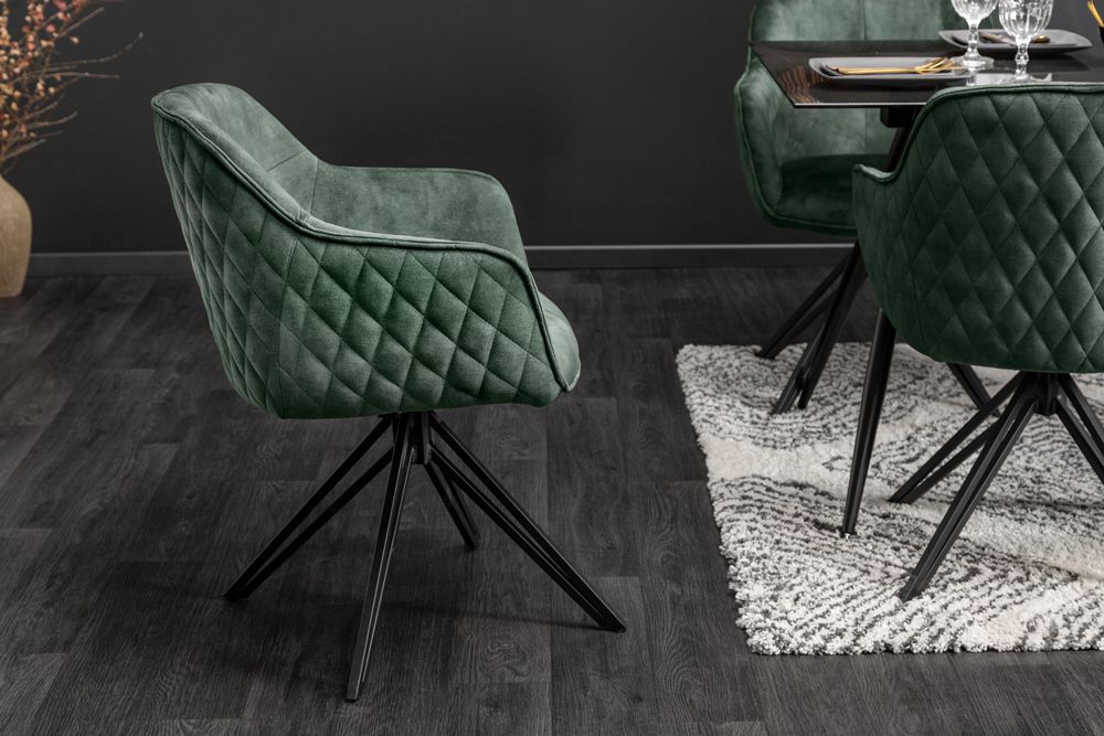 Drehbarer Design Stuhl EUPHORIA dunkelgrün Samt mit Armlehne Metallgestell schwarz