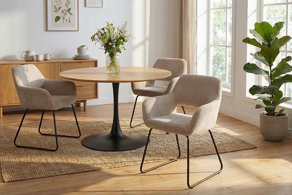 Design Stuhl MUSTANG beige Cord mit Armlehne schwarz Metallgestell