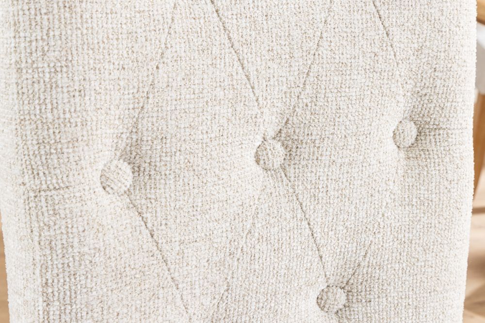 Design Stuhl CASA beige Bouclé Tweed Soft Massivholzbeine Zierknöpfe und Nackenrolle