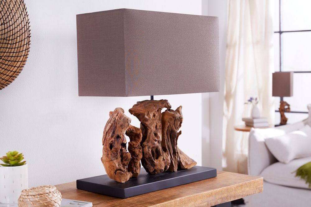 Handgefertigte Tischlampe ARAGON 50cm braun Treibholz-Fuß mit Leinenschirm