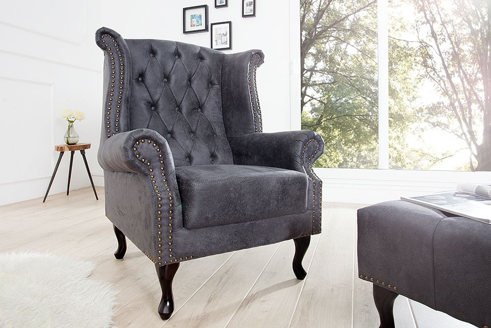 Chesterfield Ohrensessel antik grau Microfaser mit Knopfheftung