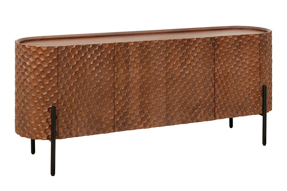 Massives Sideboard ADLON 180cm braun Mangoholz schwarz Metall 3D-Front in Wabenstruktur