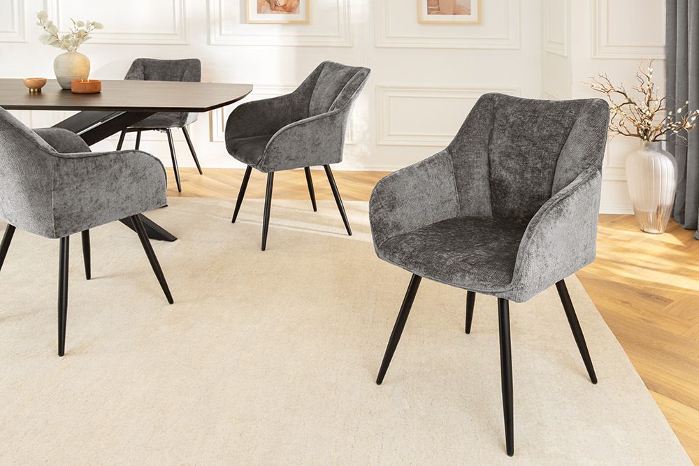 Drehbarer Retro Stuhl AVIGNON grau Chenille schwarze Metallbeine