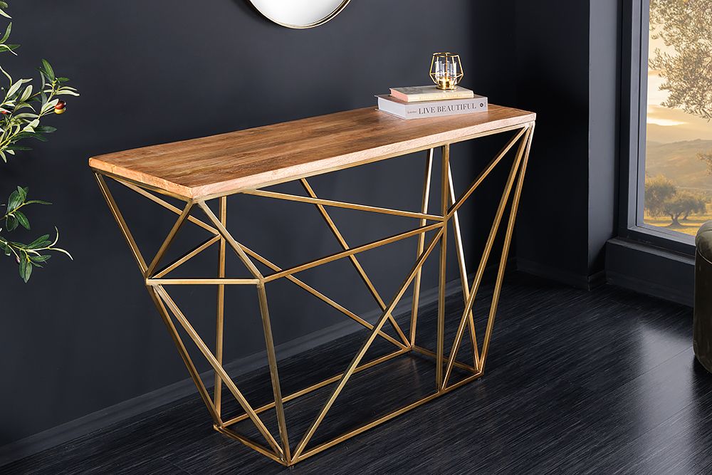 Abstrakter Konsolentisch DIAMOND 120cm natur messing Mangoholz Metallgestell