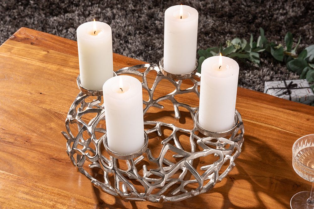 Eleganter Kerzenhalter ABSTRACT 38cm silber Kranz aus Ästen für 4 Kerzen