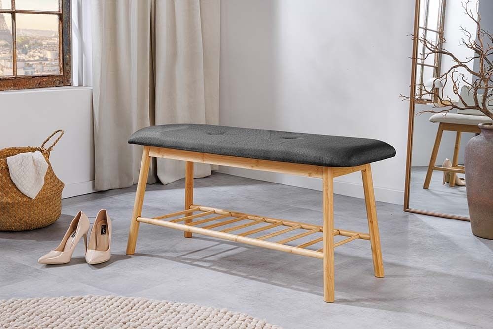 Stilvolle Schuhbank ZEN-BO 90cm natur grau Bambus Regal Sitzbank mit Stauraum