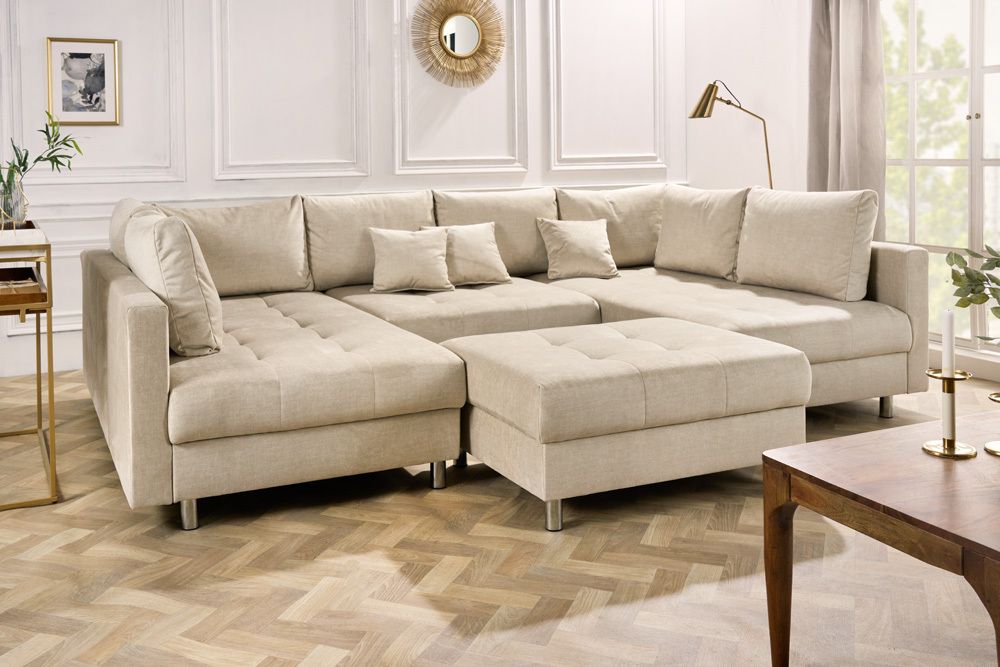XXL Wohnlandschaft KENT 305cm champagner beige Vogue Velours Samt Federkern mit Hocker