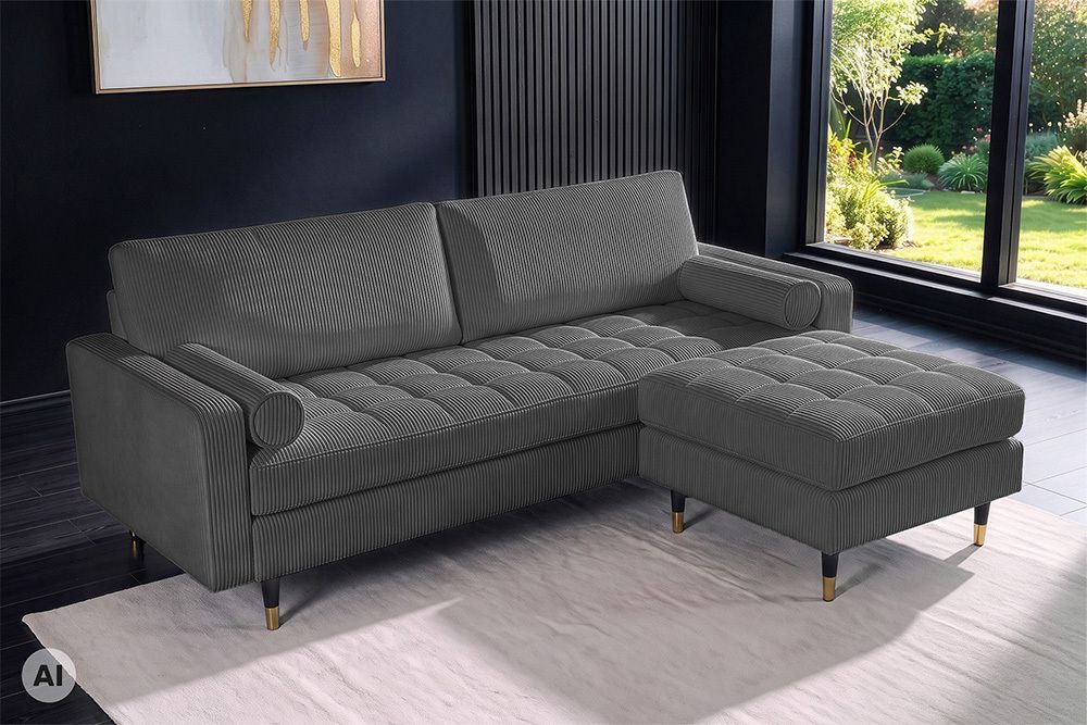 3er Sofa COZY VELVET 220cm grau Cord mit goldener Kappe